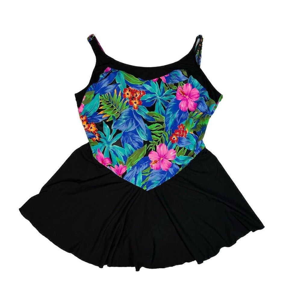 Vintage Swim Dress Bathing Suit One Piece Skirt Retro Tropical Floral Black‎  XL